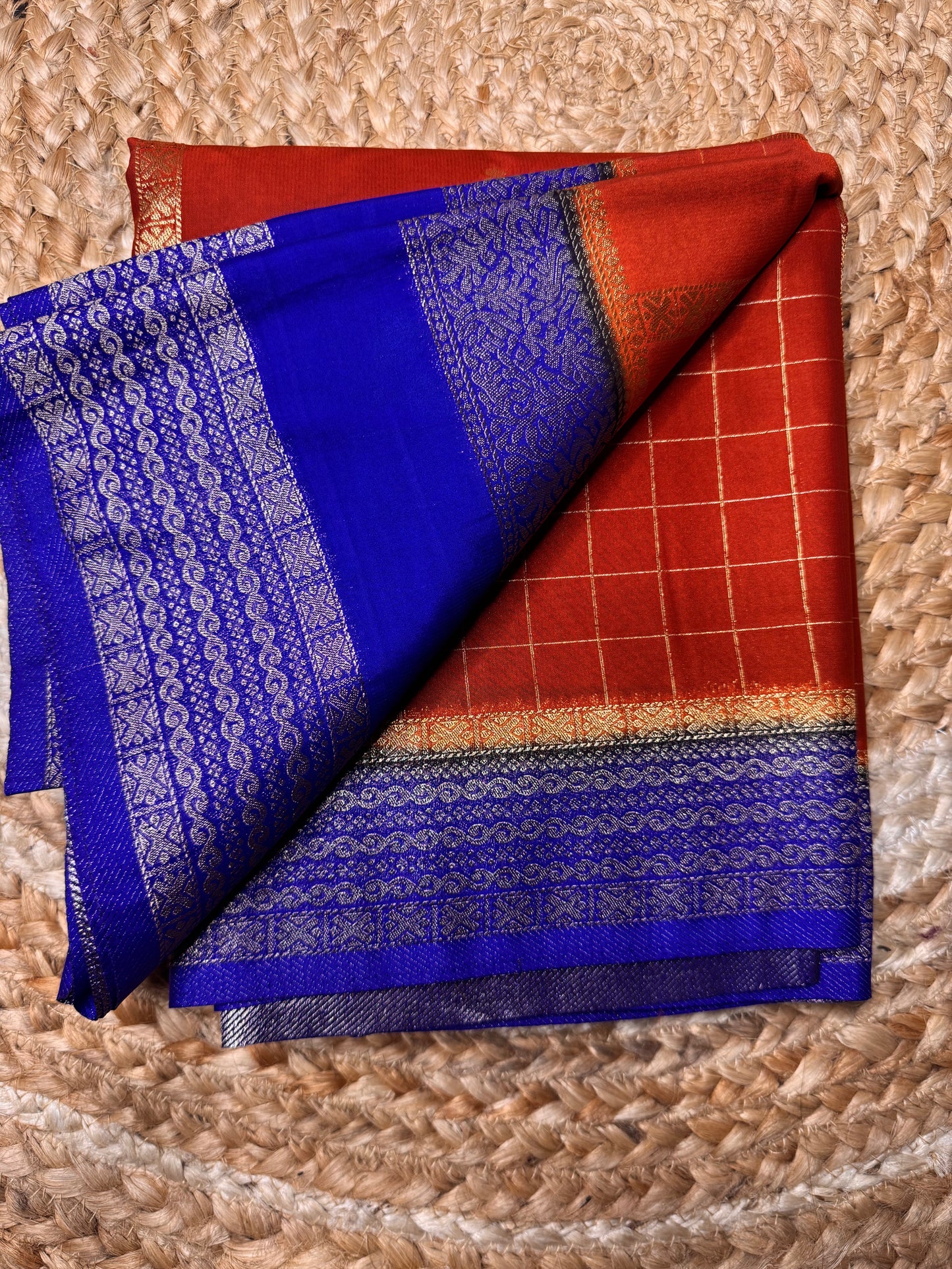 Rust Orange with Blue Jhumka Semi Mysore Crepe Silk