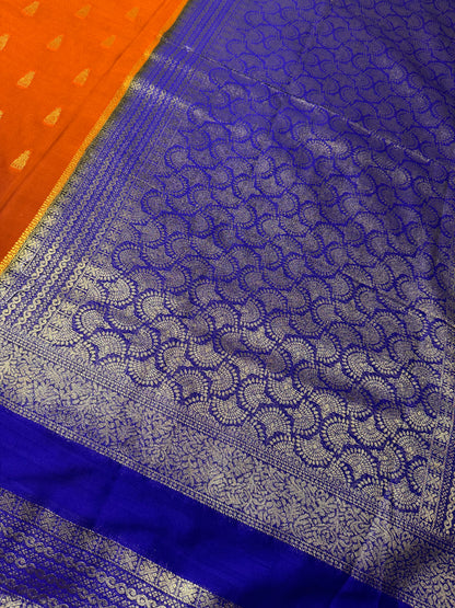 Rust Orange with Blue Jhumka Semi Mysore Crepe Silk