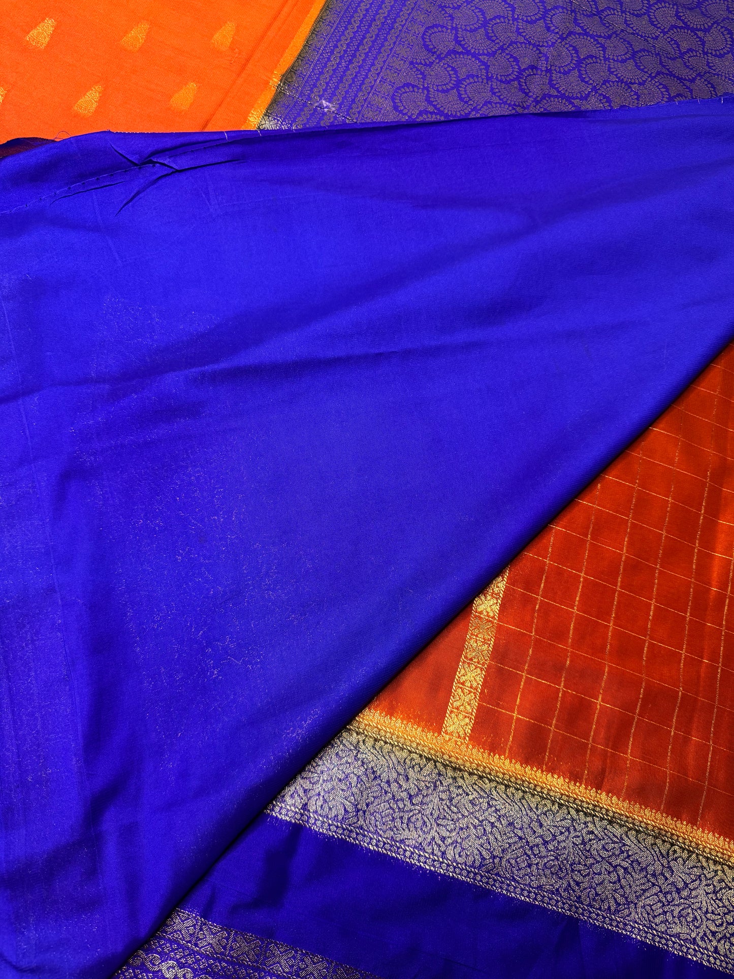 Rust Orange with Blue Jhumka Semi Mysore Crepe Silk