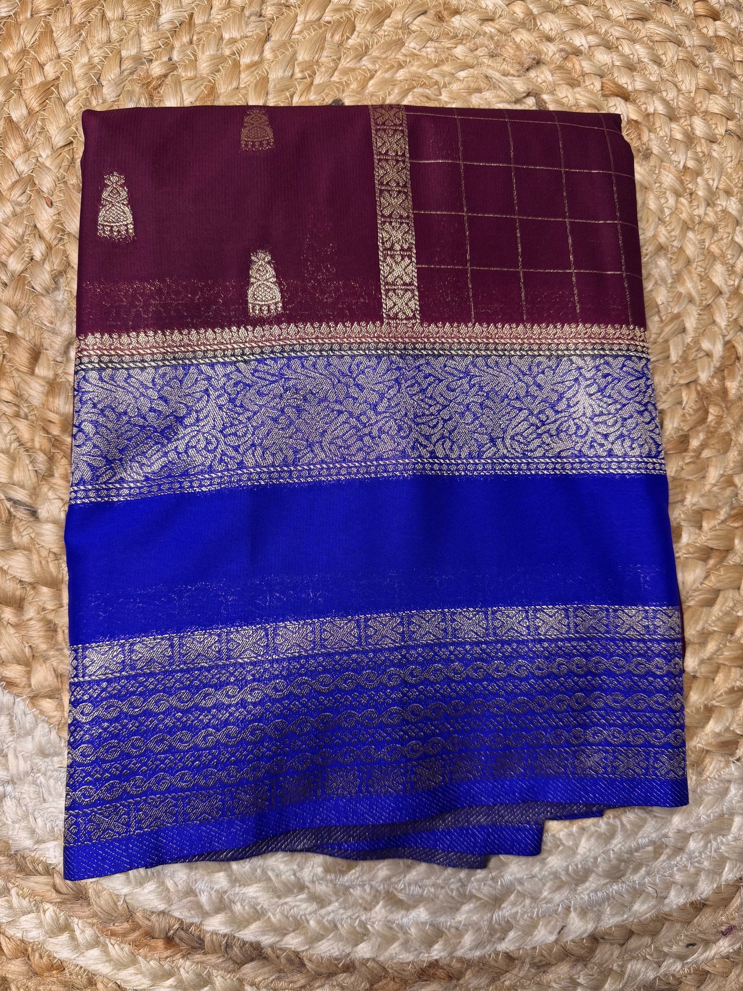 Maroon with Blue Jhumka Semi Mysore Crepe Silk