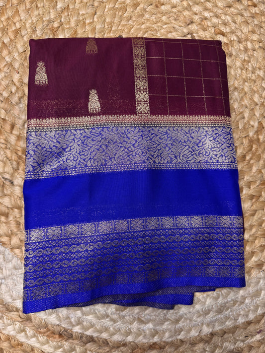 Maroon with Blue Jhumka Semi Mysore Crepe Silk