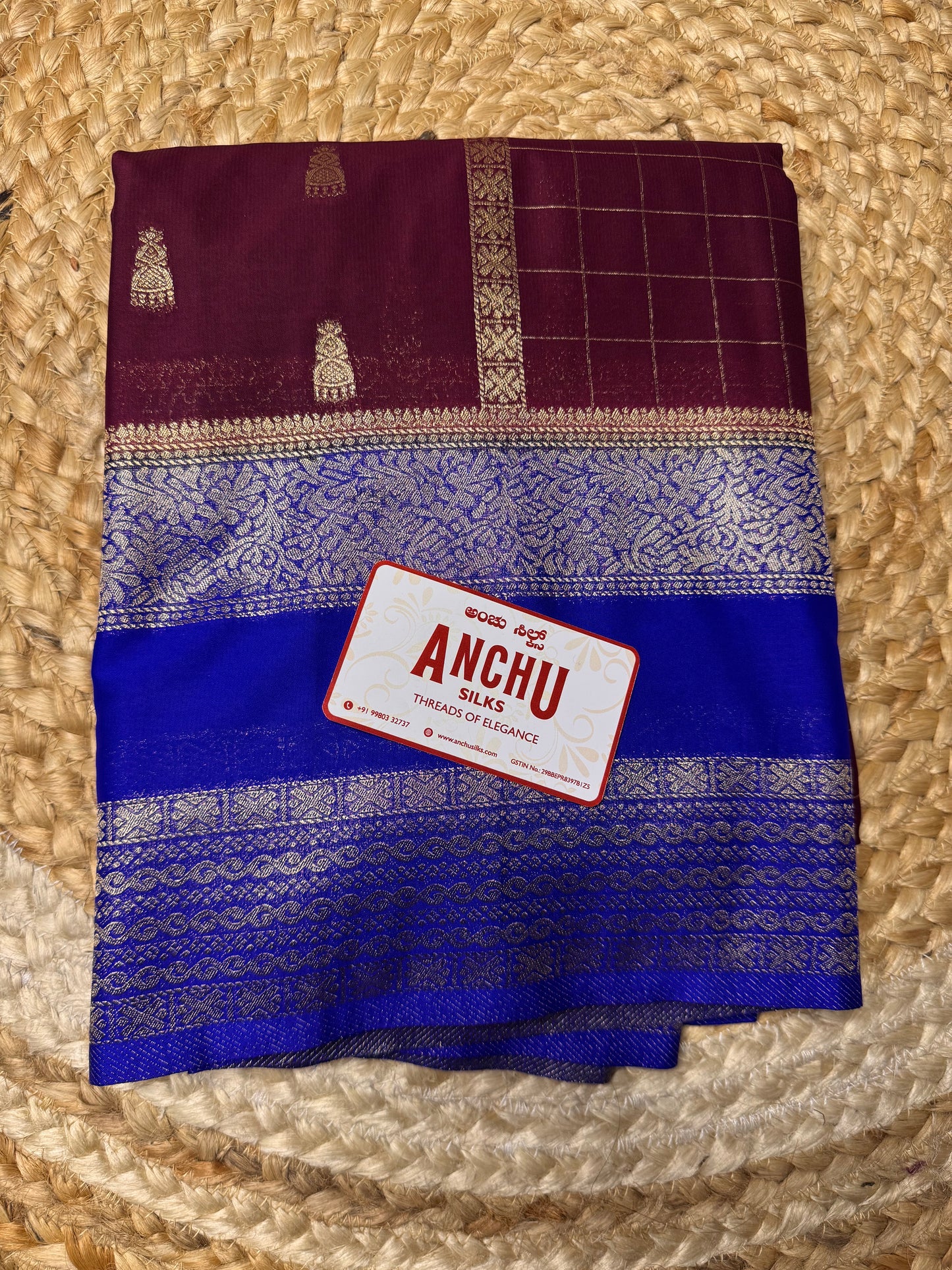 Maroon with Blue Jhumka Semi Mysore Crepe Silk