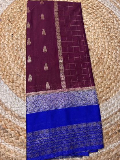 Maroon with Blue Jhumka Semi Mysore Crepe Silk