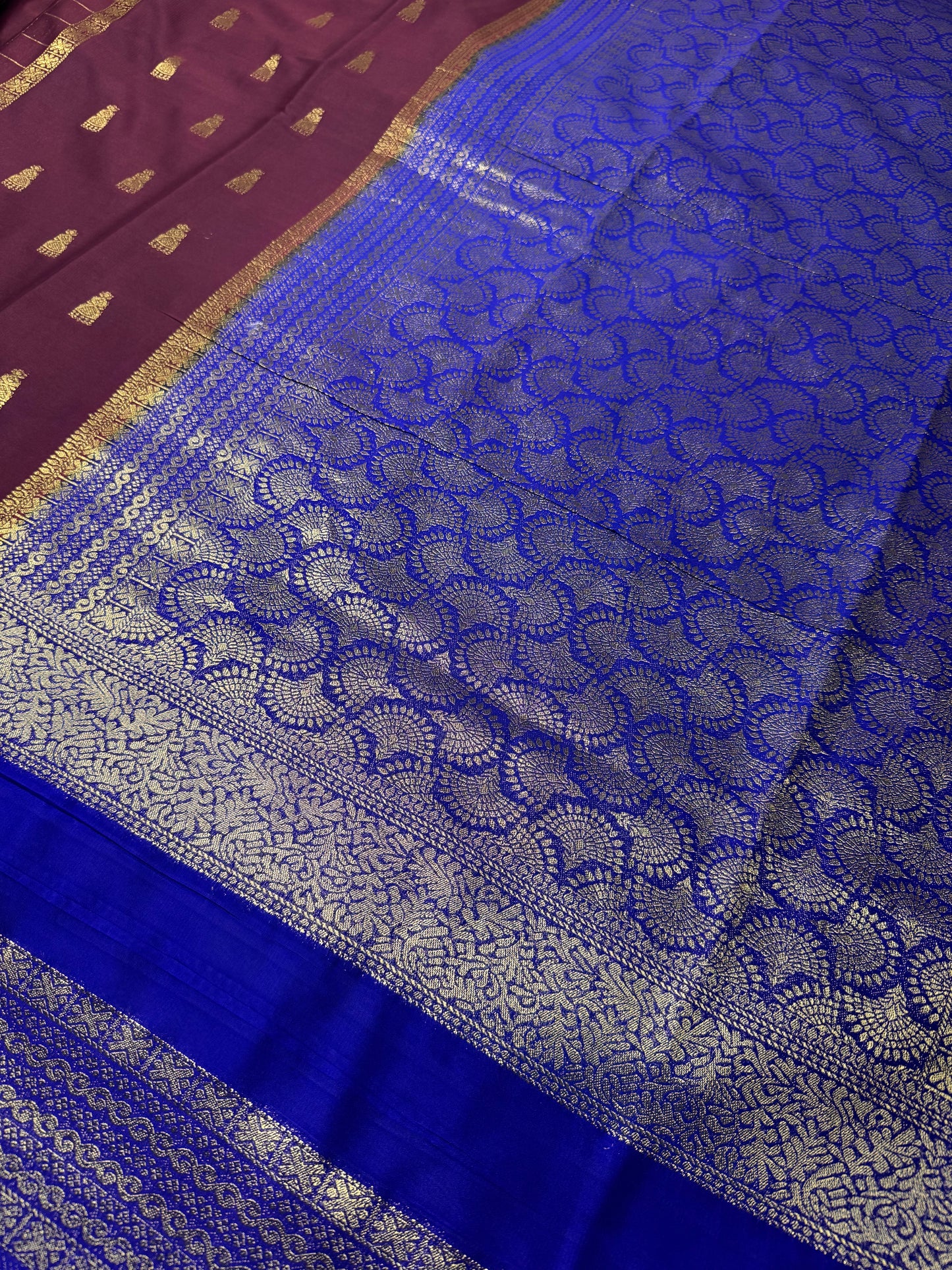 Maroon with Blue Jhumka Semi Mysore Crepe Silk