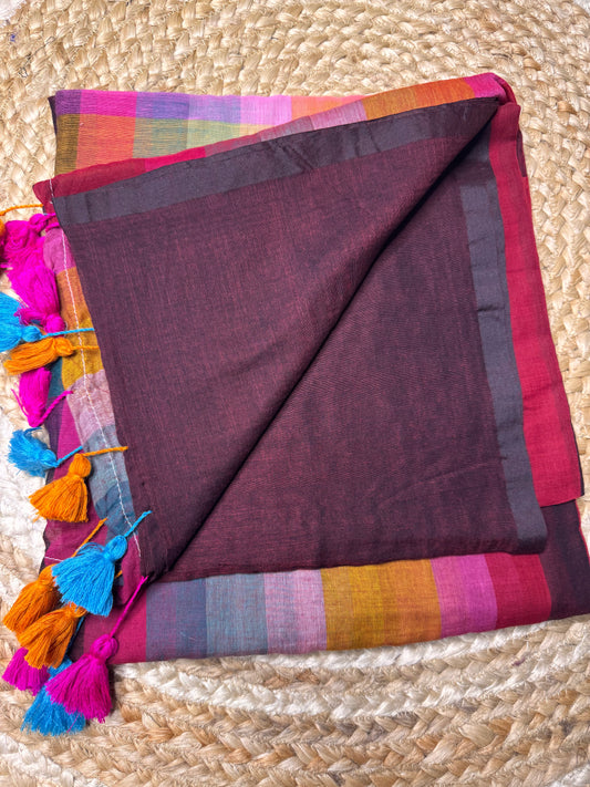 Maroon Rainbow Mul Cotton Saree