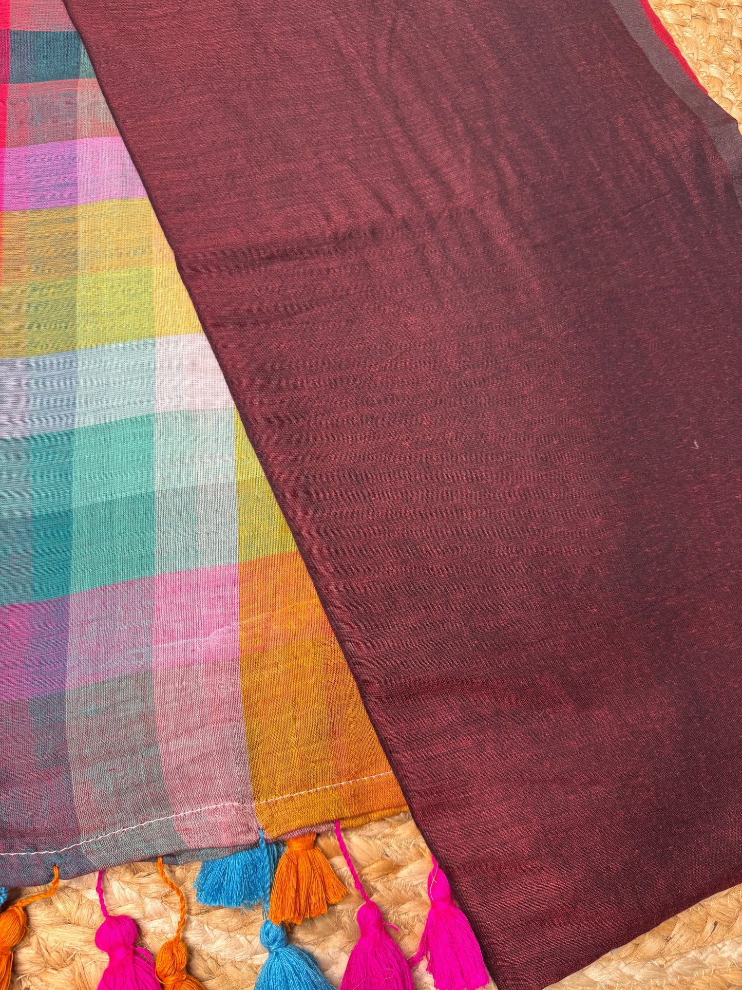 Maroon Rainbow Mul Cotton Saree