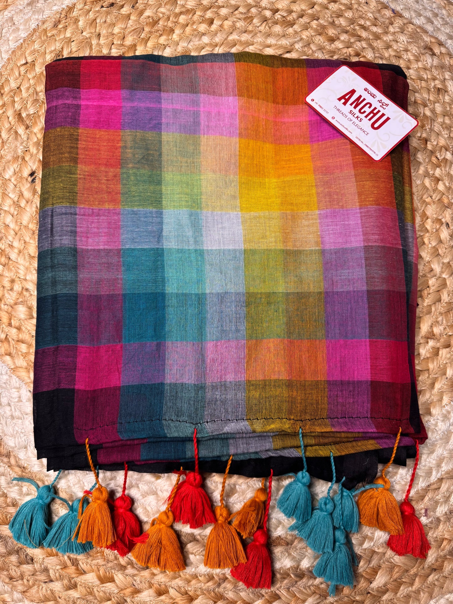 Rainbow Black Mul Cotton Saree