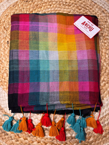 Rainbow Black Mul Cotton Saree