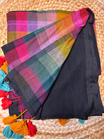 Rainbow Black Mul Cotton Saree