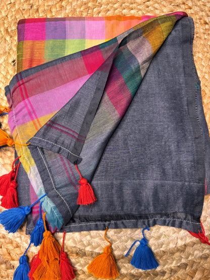 Grey Rainbow Mul Cotton Saree