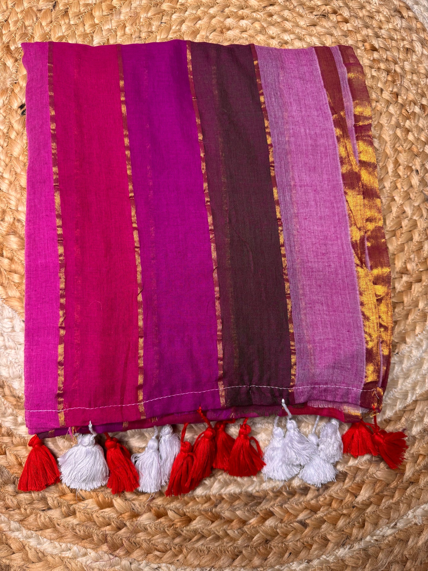 Pink with Green Striped Mul Cotton Saree