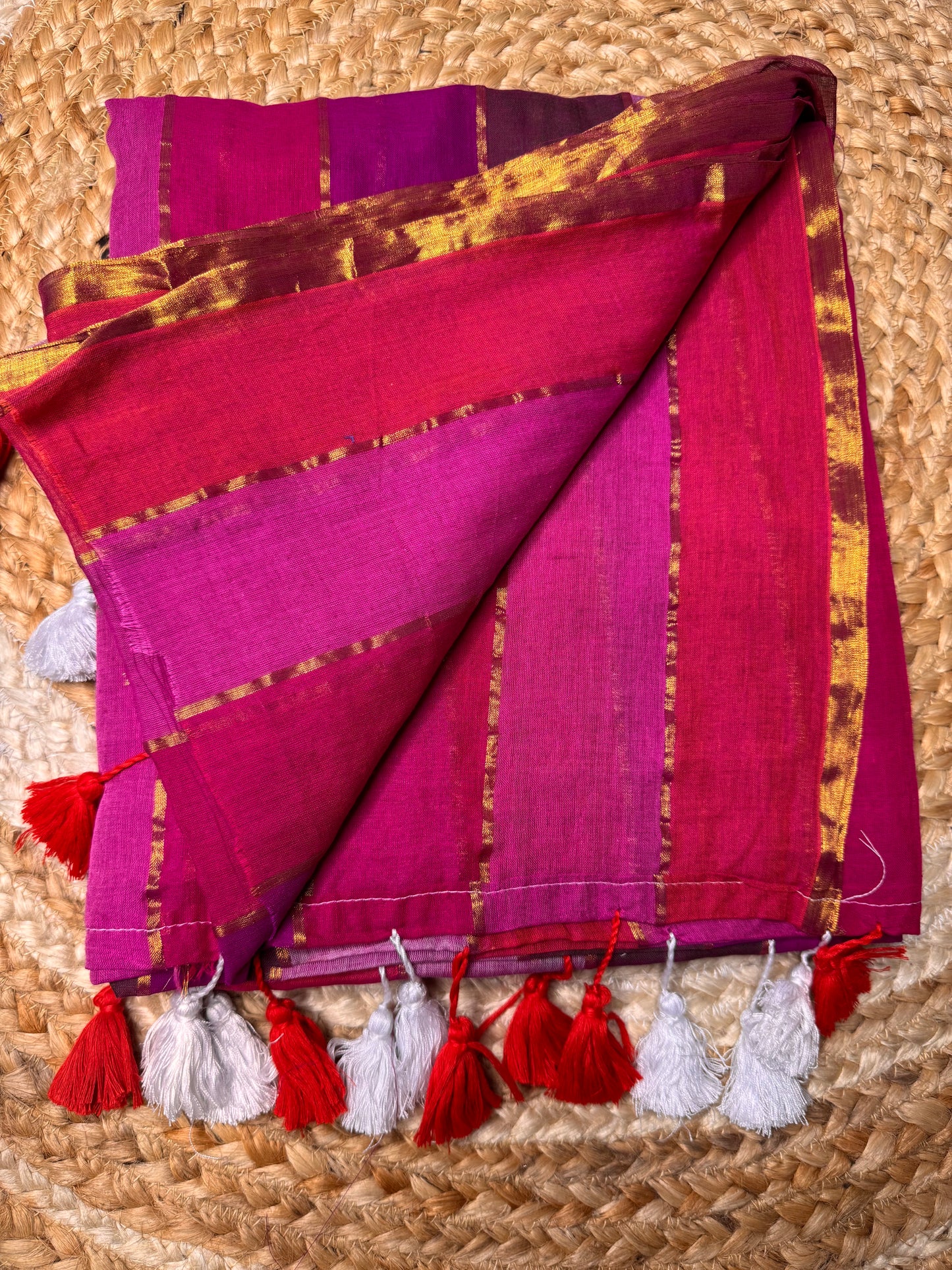 Pink with Green Striped Mul Cotton Saree