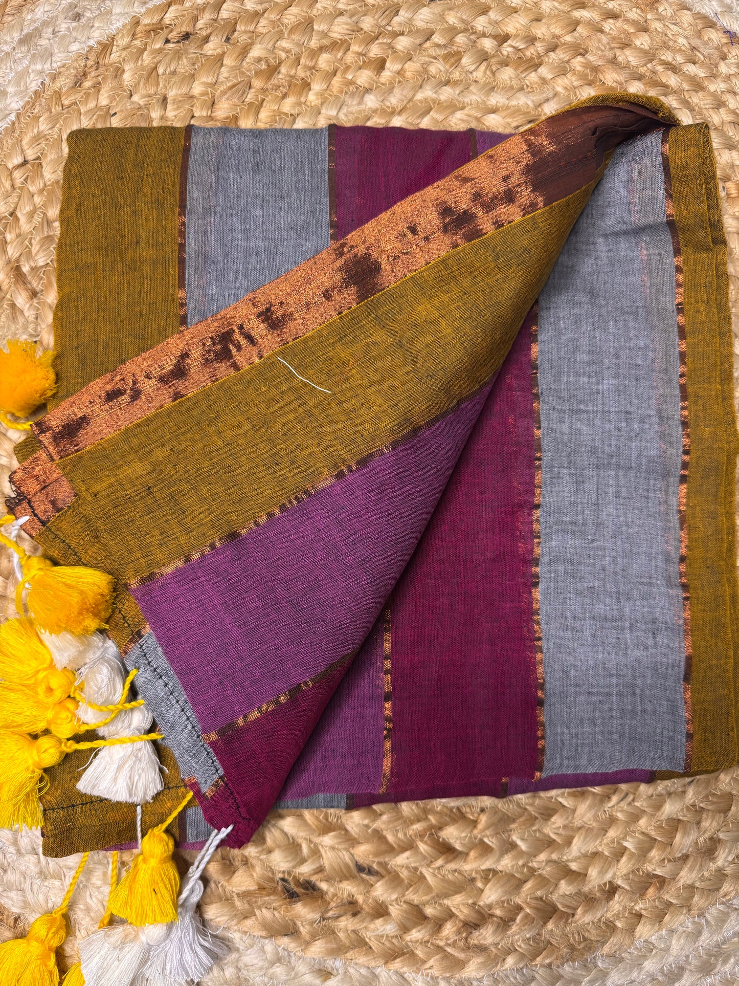 Brown with pink Striped Mul Cotton Saree