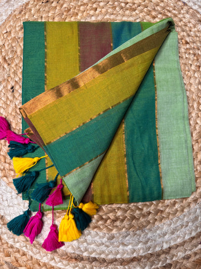 Green Striped Mul Cotton Saree