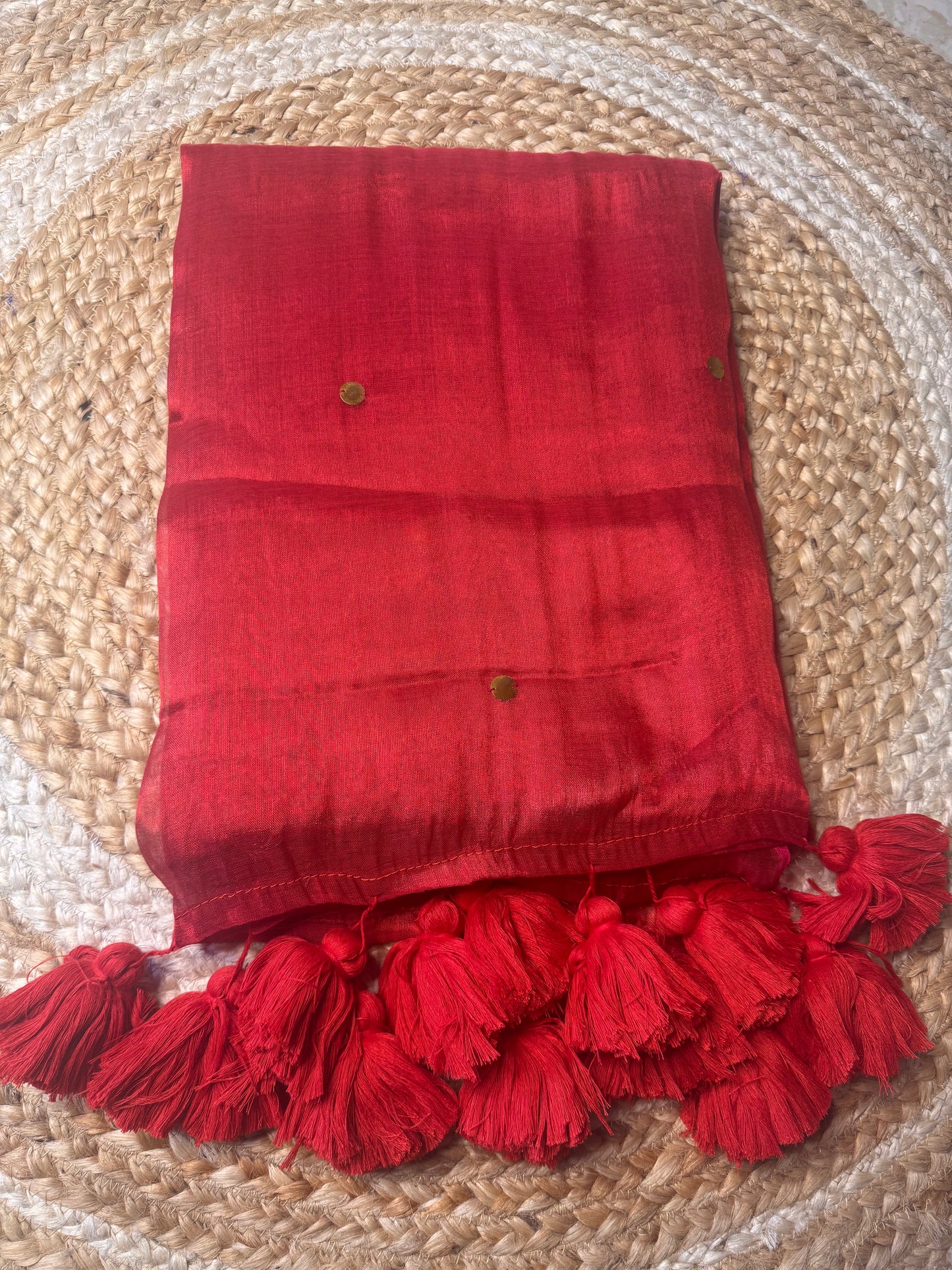 Red Tissue Silk Saree with Big Tassels