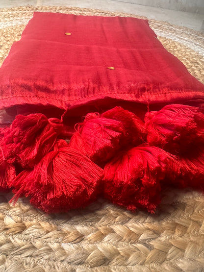 Red Tissue Silk Saree with Big Tassels