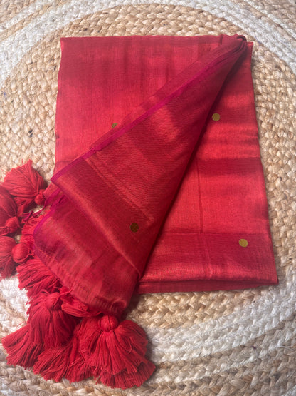 Red Tissue Silk Saree with Big Tassels