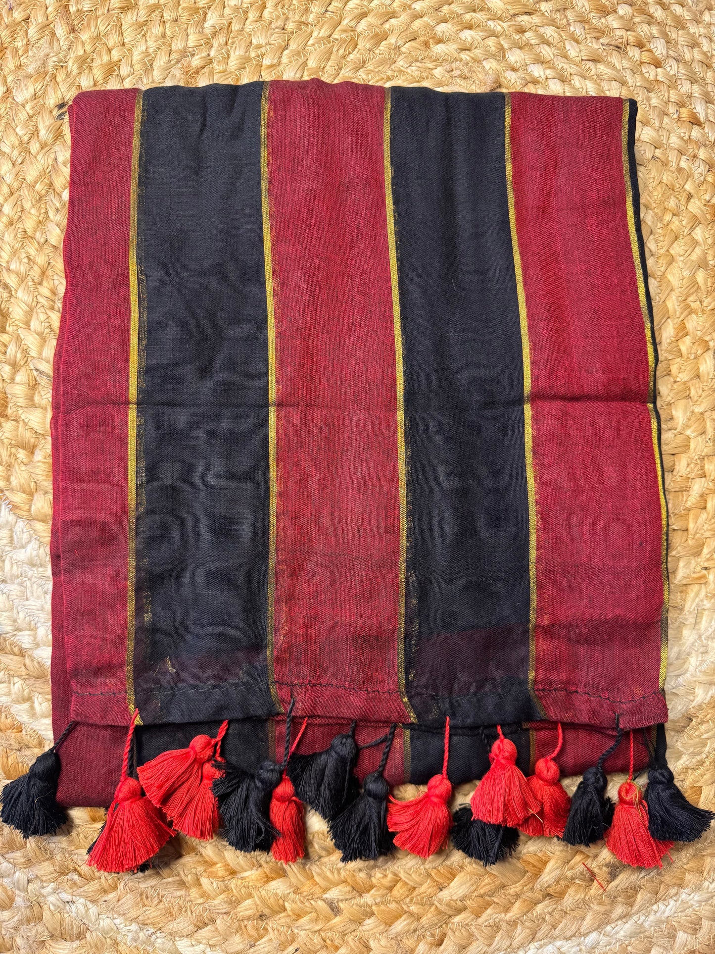 Red and Black Striped Mul Cotton Saree