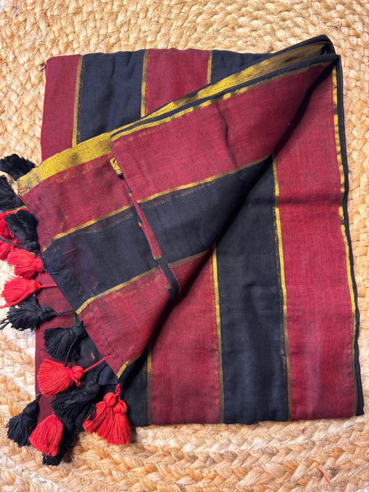 Red and Black Striped Mul Cotton Saree