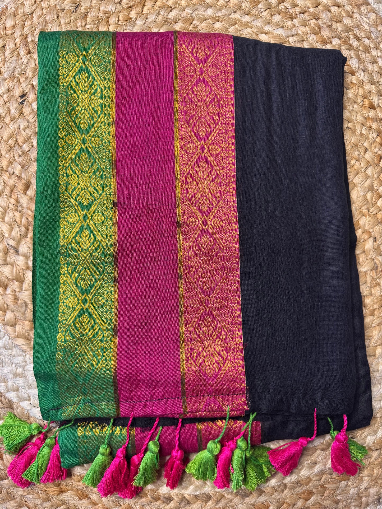 Kanchi Inspired Pink/Green Border Mul cotton in Black