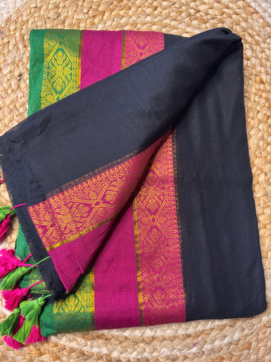 Kanchi Inspired Pink/Green Border Mul cotton in Black
