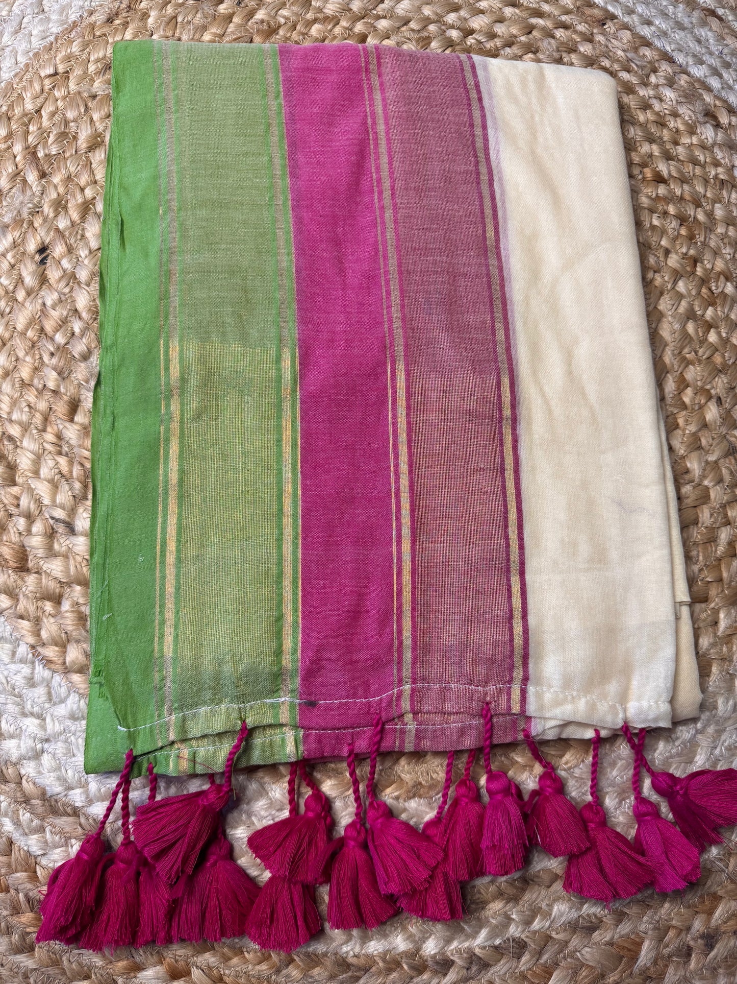 Kanchi Inspired Pink/Green Border Mul cotton in Cream