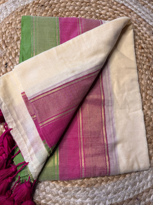 Kanchi Inspired Pink/Green Border Mul cotton in Cream