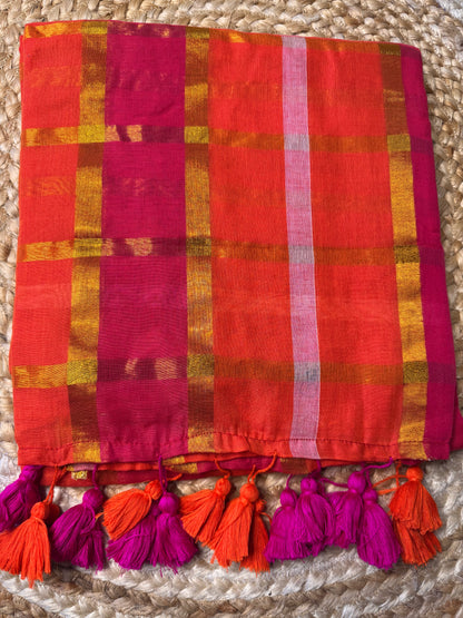 Orange checks Mul Cotton Saree