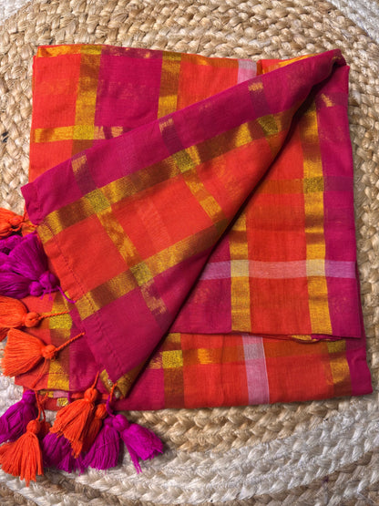 Orange checks Mul Cotton Saree