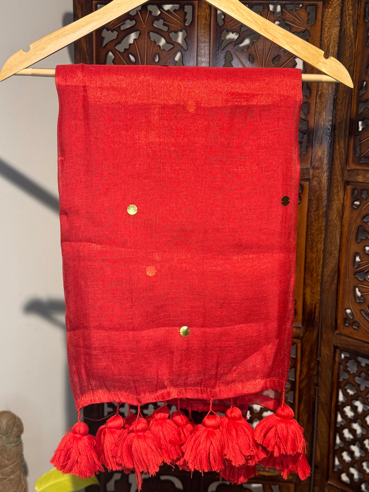 Red Tissue Silk Saree with Big Tassels