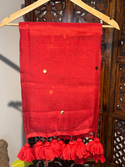 Red Tissue Silk Saree with Big Tassels