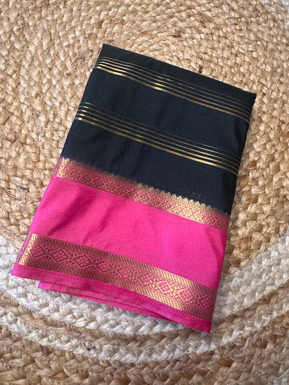 Dark Green with Pink Bentex Semi Mysore Crepe Silk