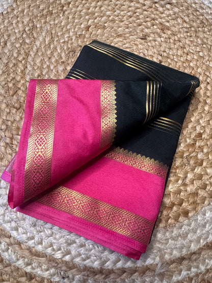 Dark Green with Pink Bentex Semi Mysore Crepe Silk