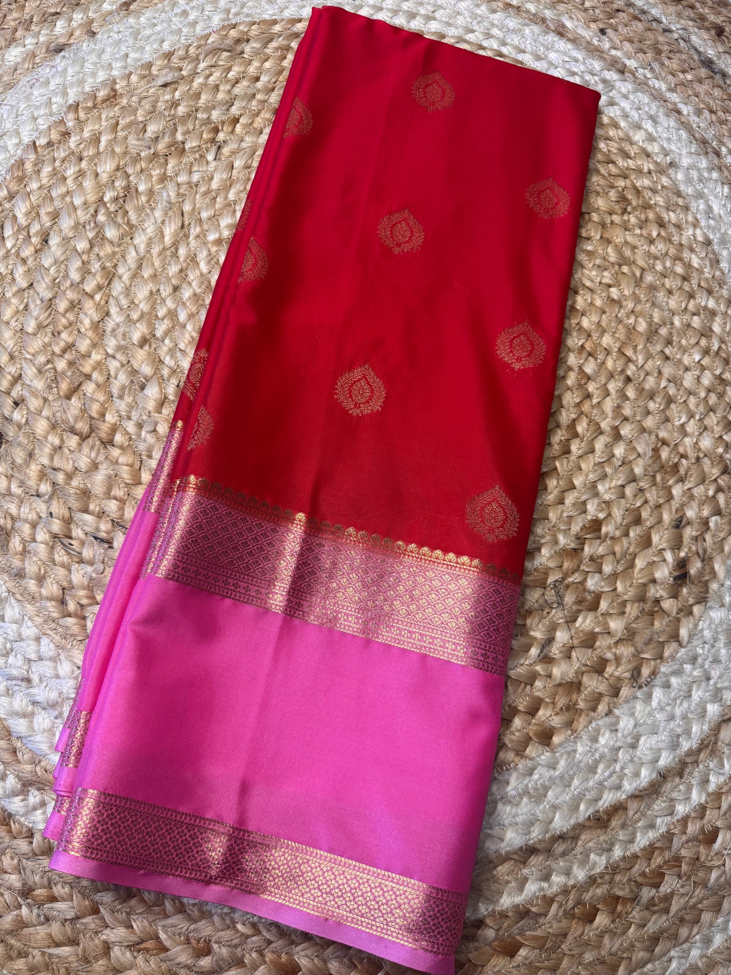Red with Pink Bentex Semi Mysore Crepe Silk (Big Motives)