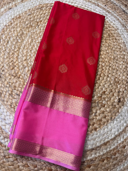 Red with Pink Bentex Semi Mysore Crepe Silk (Big Motives)