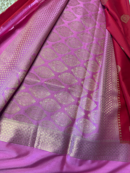 Red with Pink Bentex Semi Mysore Crepe Silk (Big Motives)