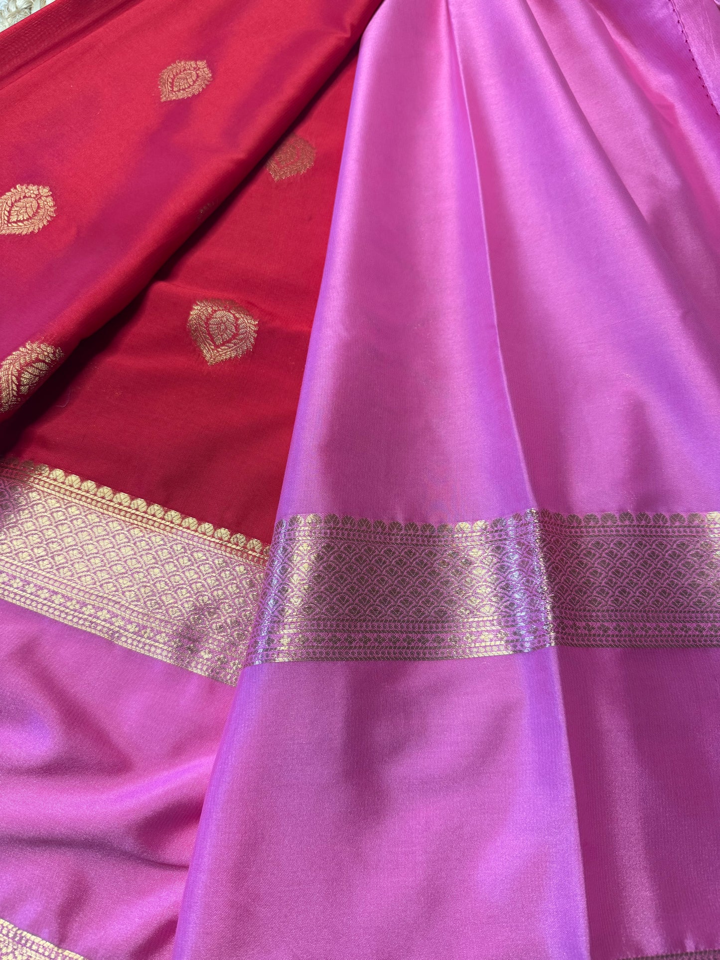 Red with Pink Bentex Semi Mysore Crepe Silk (Big Motives)