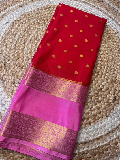 Red with Pink Rich Bentex Semi Mysore Crepe Silk