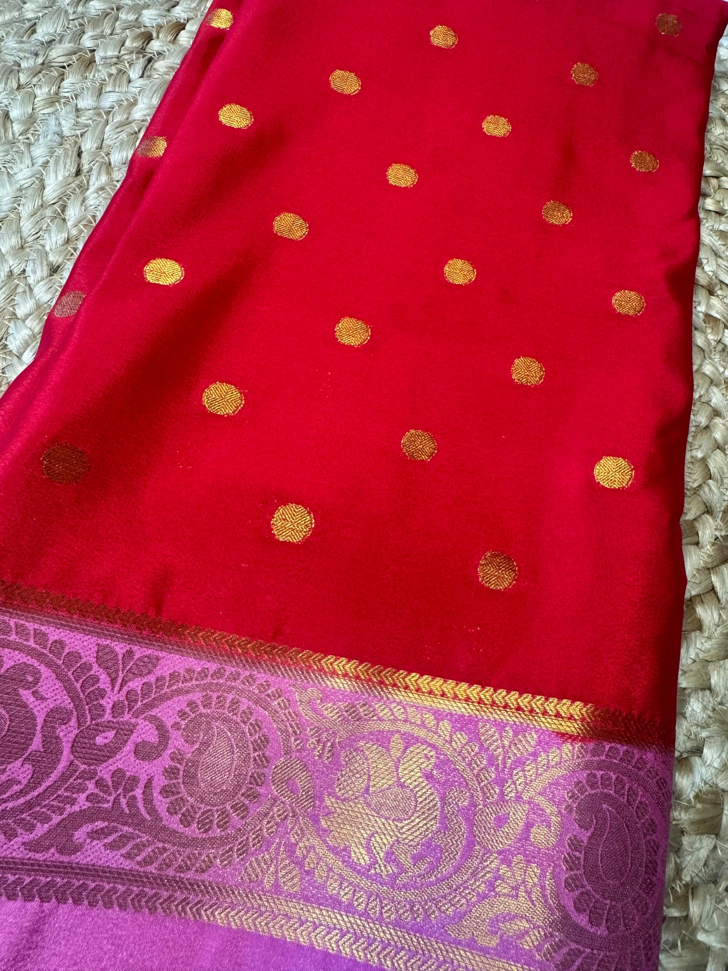 Red with Pink Rich Bentex Semi Mysore Crepe Silk