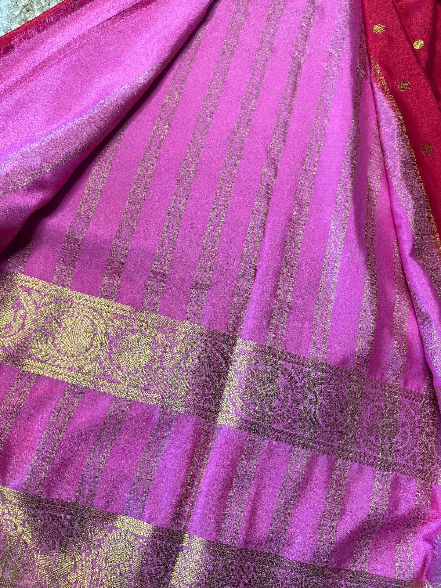 Red with Pink Rich Bentex Semi Mysore Crepe Silk