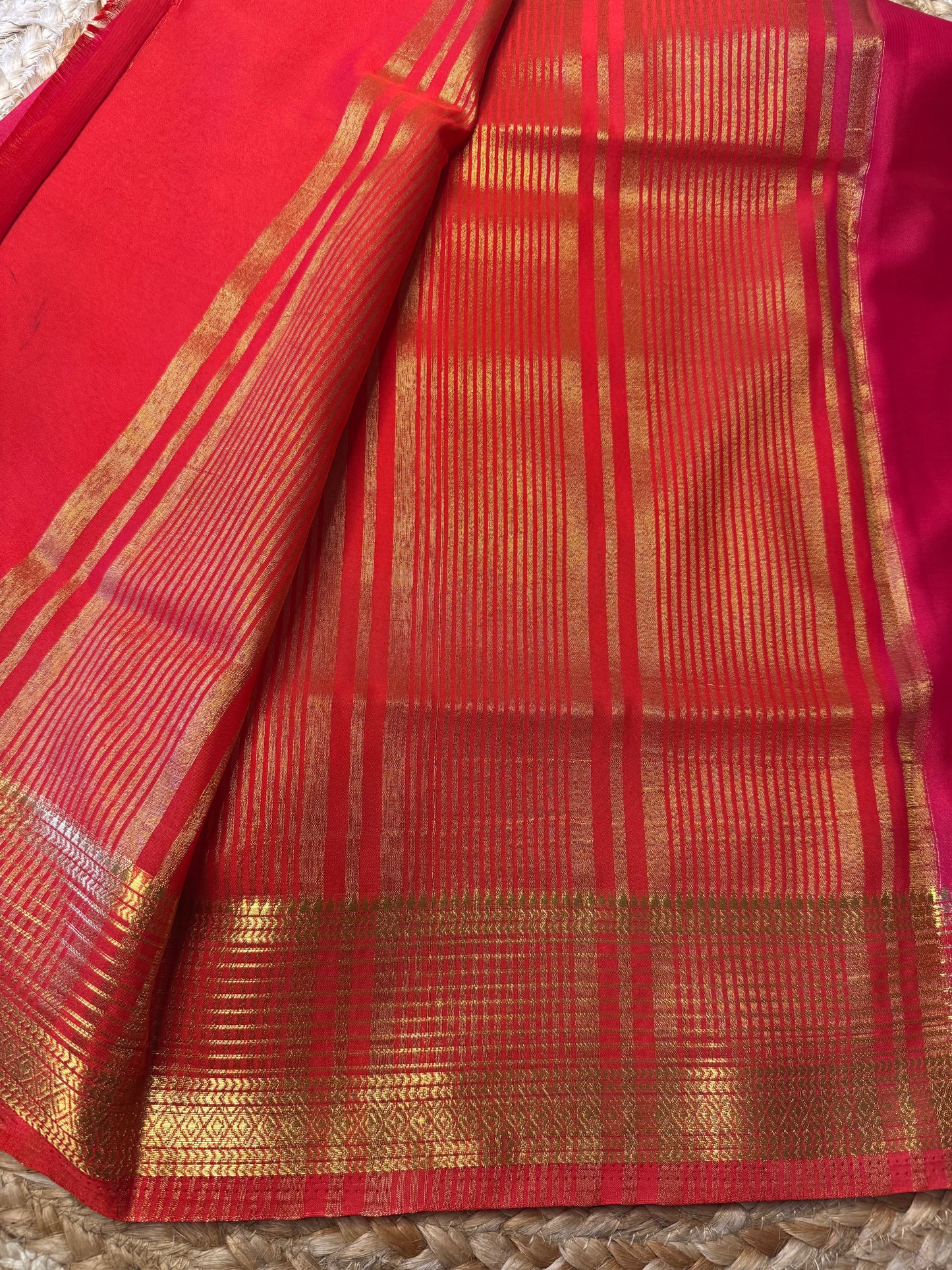 Red with Pink Lines Bentex Semi Mysore Crepe Silk