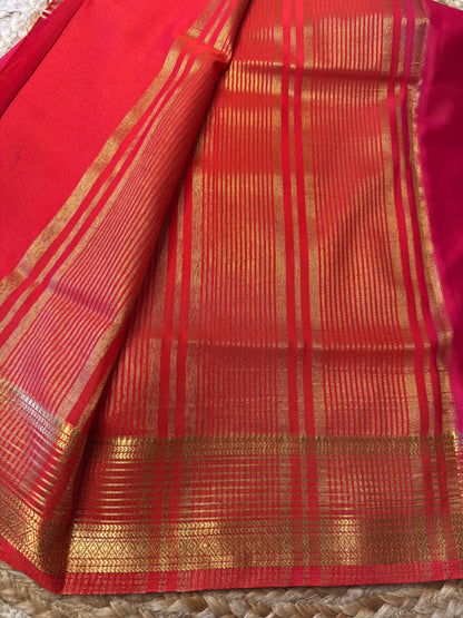 Red with Pink Lines Bentex Semi Mysore Crepe Silk