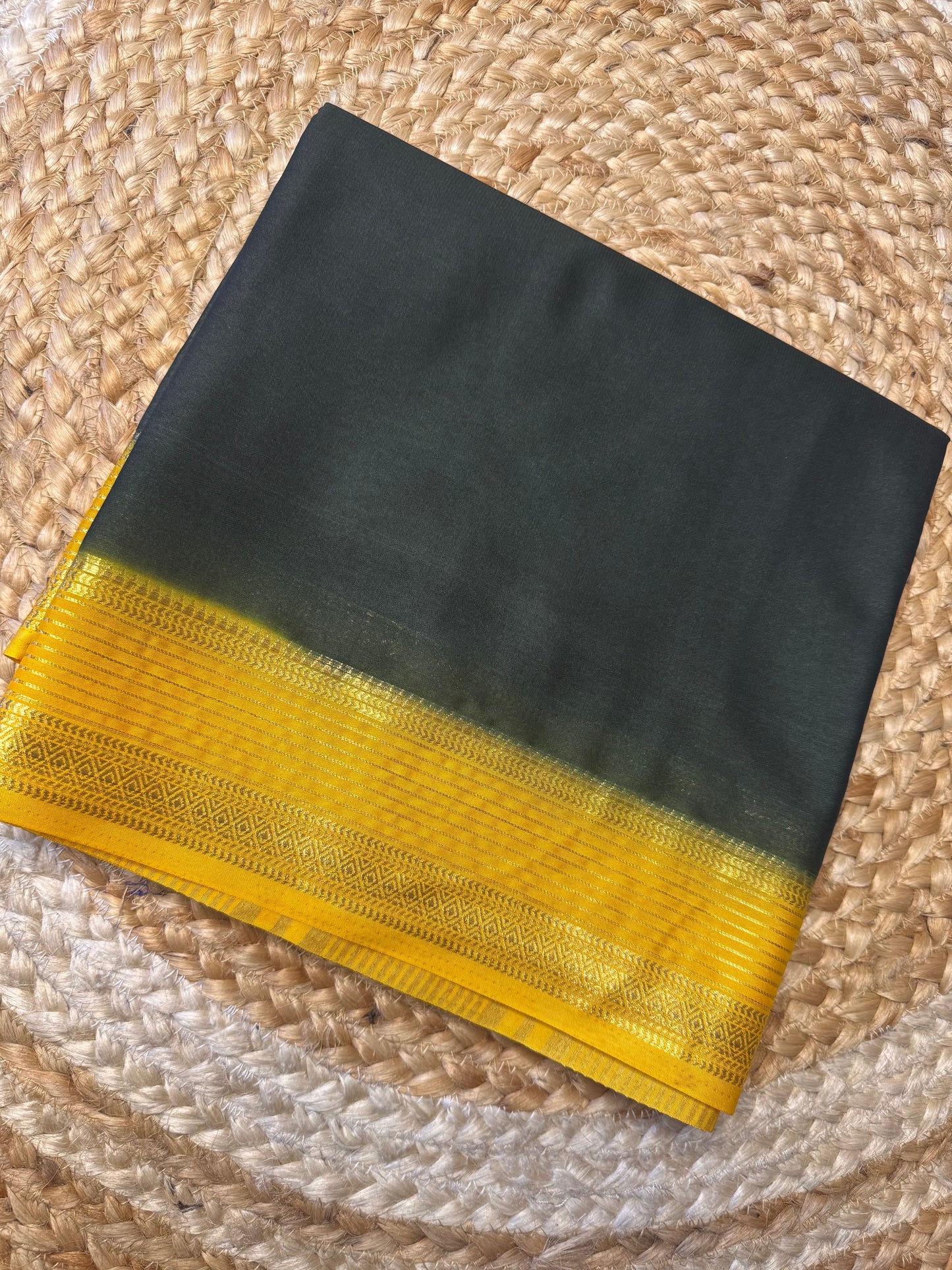 Dark Green with Yellow Lines Bentex Semi Mysore Crepe Silk