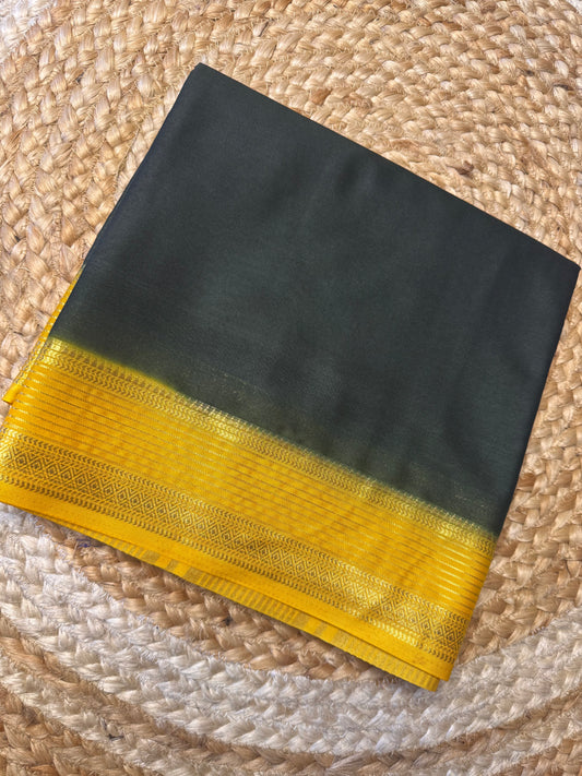 Dark Green with Yellow Lines Bentex Semi Mysore Crepe Silk