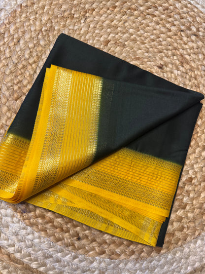 Dark Green with Yellow Lines Bentex Semi Mysore Crepe Silk