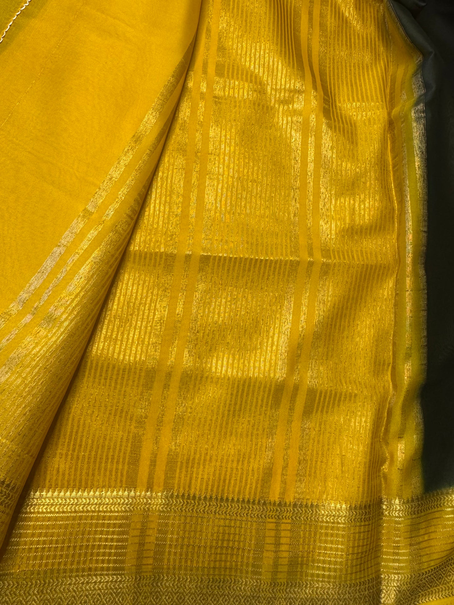 Dark Green with Yellow Lines Bentex Semi Mysore Crepe Silk