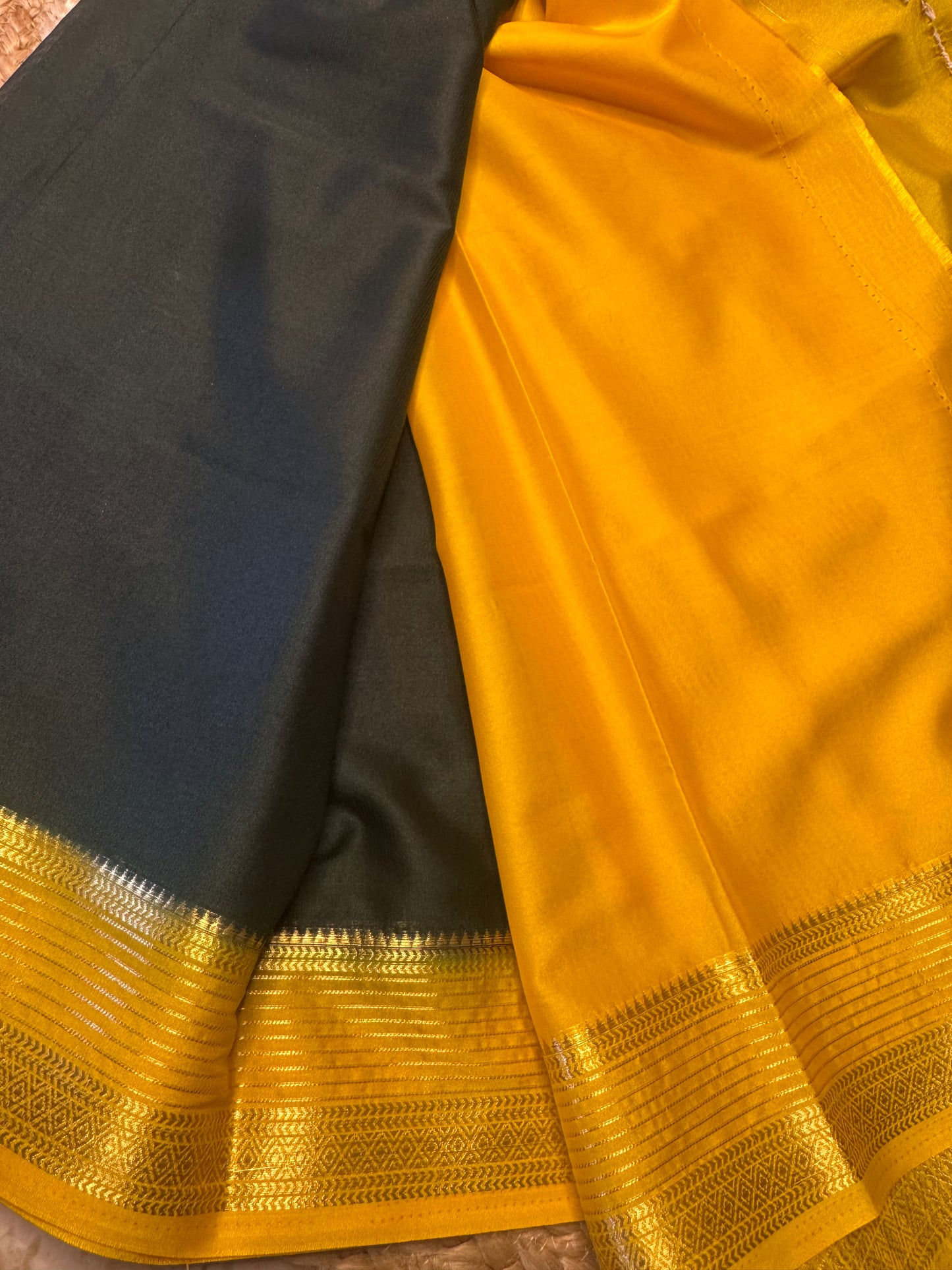 Dark Green with Yellow Lines Bentex Semi Mysore Crepe Silk