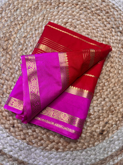 Red with Pink Bentex Semi Mysore Silk