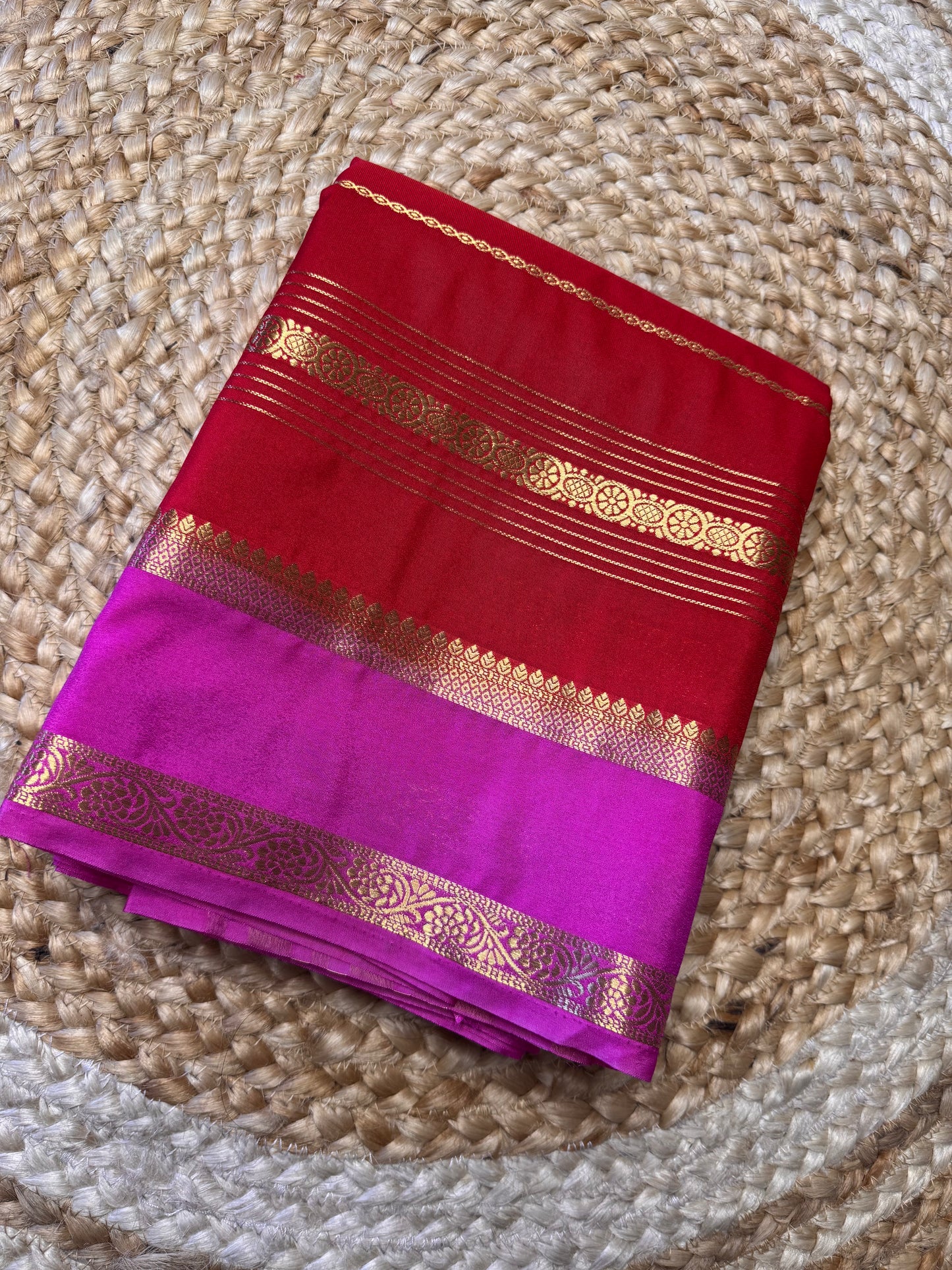 Red with Pink Bentex Semi Mysore Silk