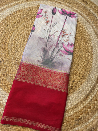 White with Red DIGITAL PRINT Checks Bentex Semi Mysore Silk